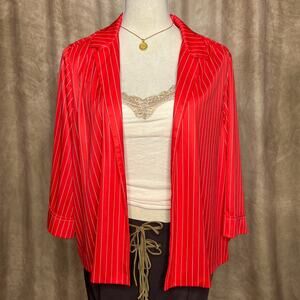 Vintage 70s Striped Open Front Polyester Shirt Red 3/4 Sleeve Retro Mod Disco